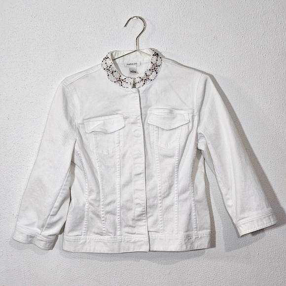 Vintage Harolds Women's White Denim Jacket with Embellished Collar - Picture 4 of 9